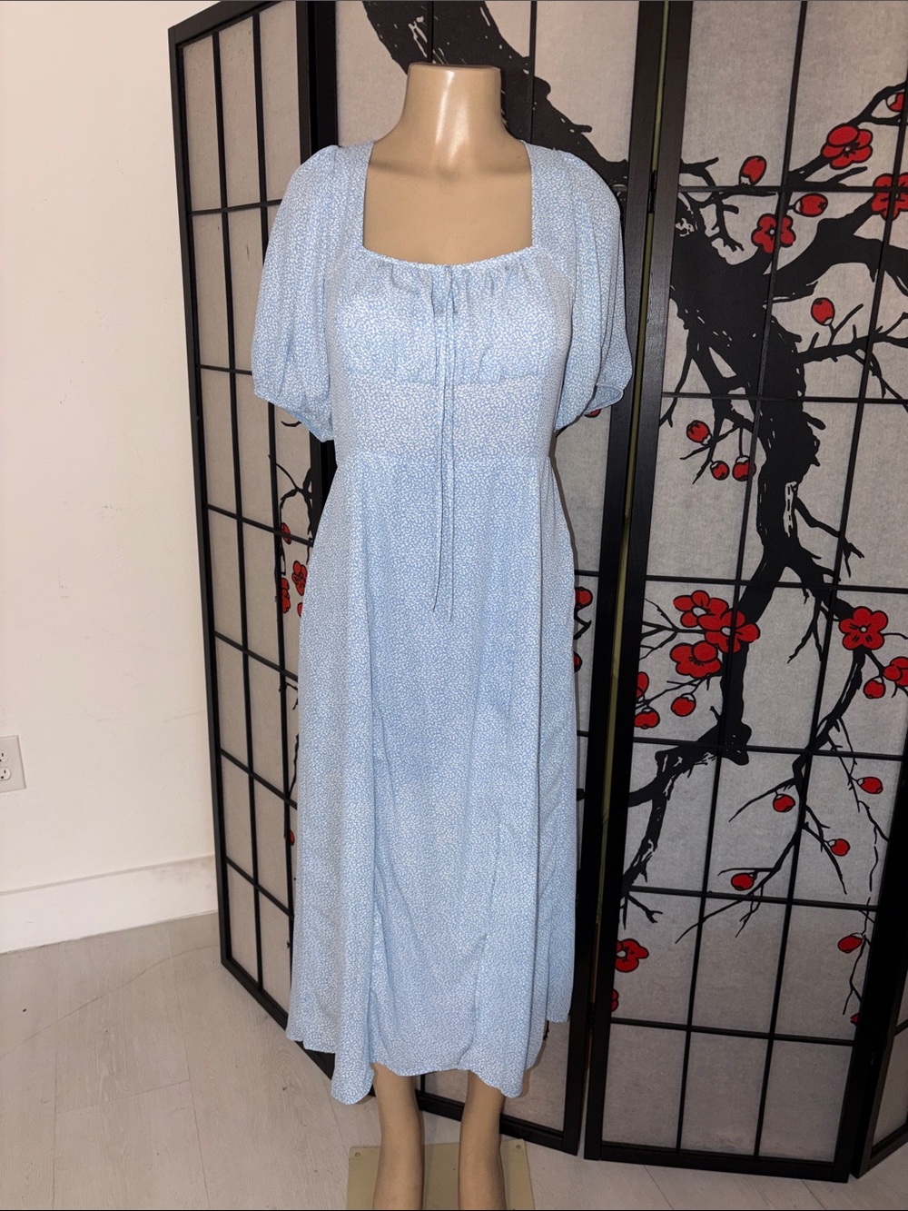 Sienna Sky Light Blue Square-Neck Maxi Dress with Puff Sleeves